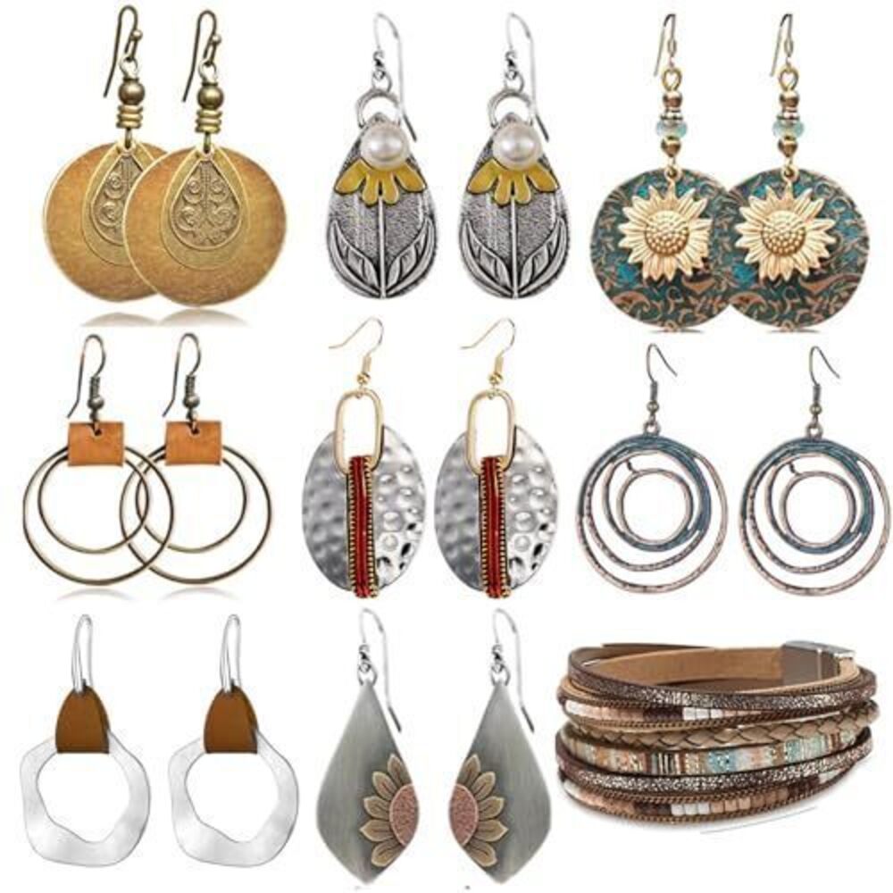 6623 9 Pairs Boho Earrings Vintage Jewelry Set Teardrop Sunflower Dangle